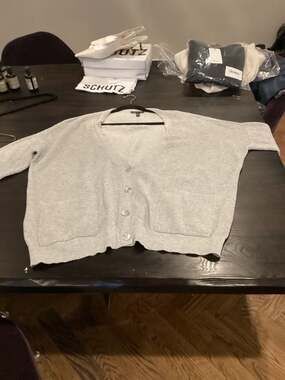 New with defects no tags Eileen fisher silver cardigan size L cracked button rip